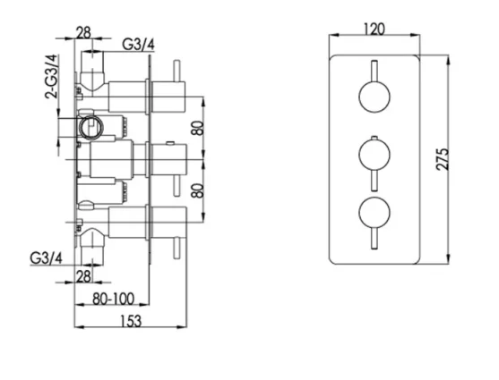 Just Taps Vos Two Outlet Thermo Conc Valve Vertical Matt Black technical drawing - Image 2