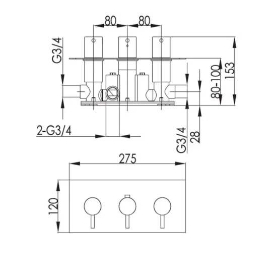 Just Taps Vos Two Outlet Thermo Conc Valve Horizontal Matt Black technical drawing - Image 2