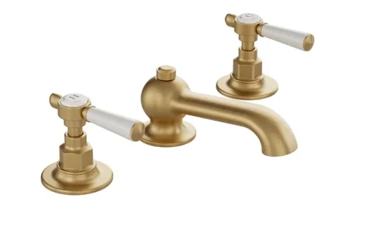 Booth & Co. 3 Hole Basin Mixer With Pop-up Waste Brushed Brass & Crackled White product image - Image 1