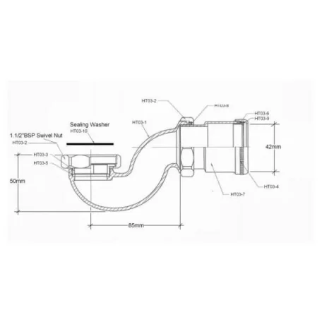 Bc Designs Exposed Bath Trap With Adapter (40/42mm) Chrome technical drawing - Image 3