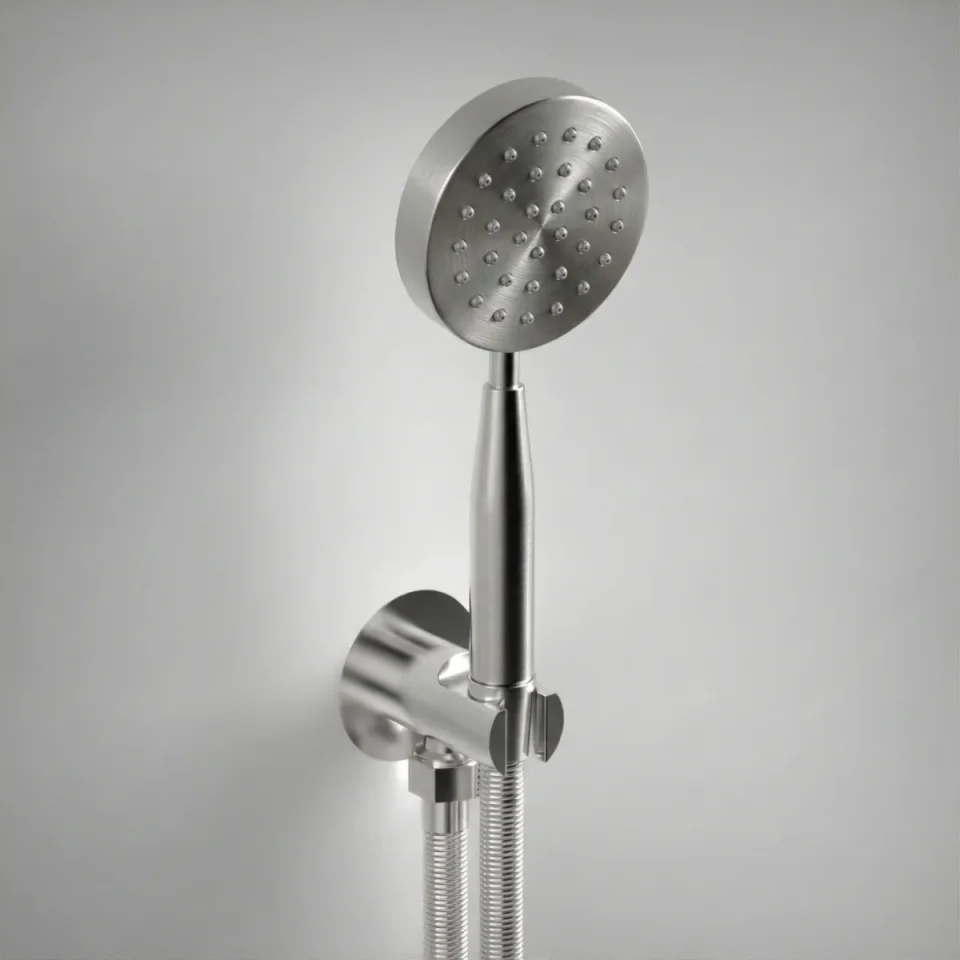 AVA Single Function Round Shower Kit with Head, Outlet and Hose - Brushed Stainless Steel product image - Image 1