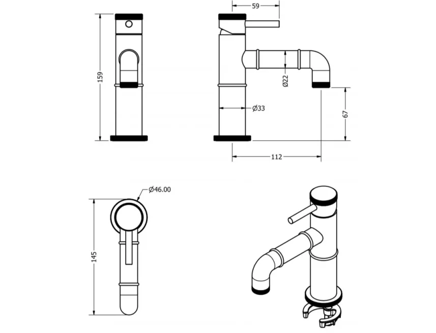Crosswater MPRO Industrial Basin Monobloc without Waste Brushed Brass Unlaquered technical drawing - Image 2