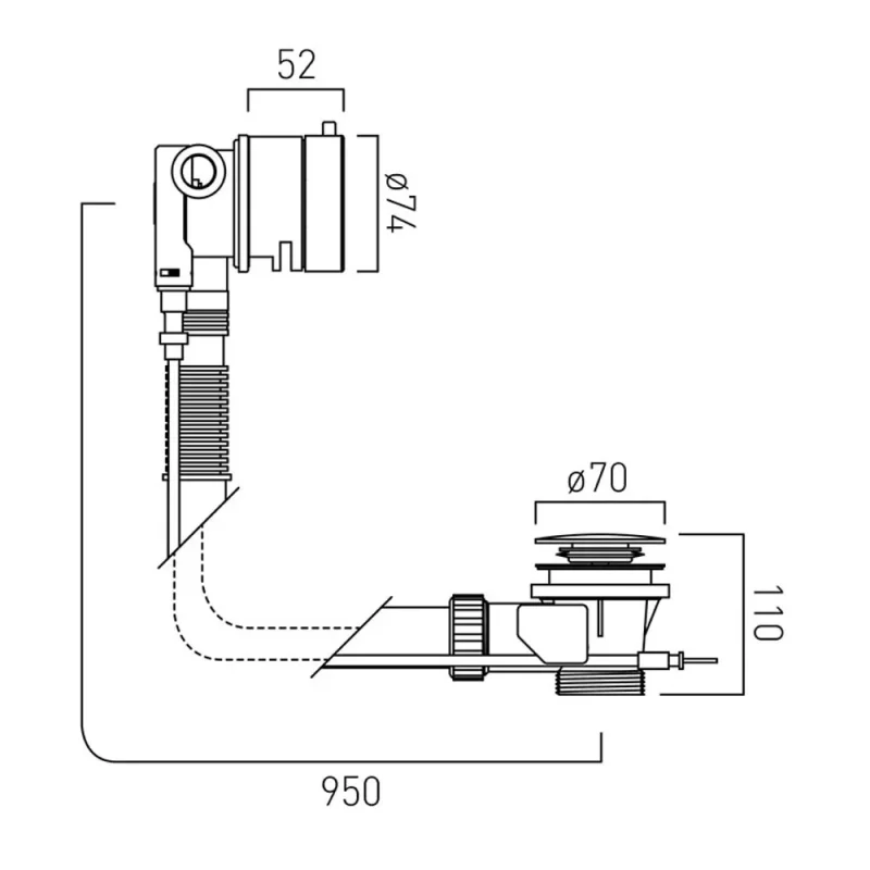 Vado Bath Filler Waste With Twist Waste Operation Chrome technical drawing - Image 2