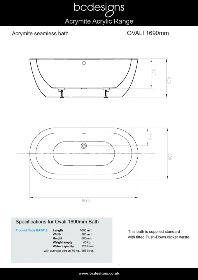 Bc Designs Ovali 1690 X 800 Bath (waste Included) White detail view - Image 4