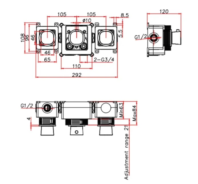 Ava Purity 3 Way 3 Handle Thermostatic Valve W/ Flanges 3.0 - Brushed Black technical drawing - Image 2