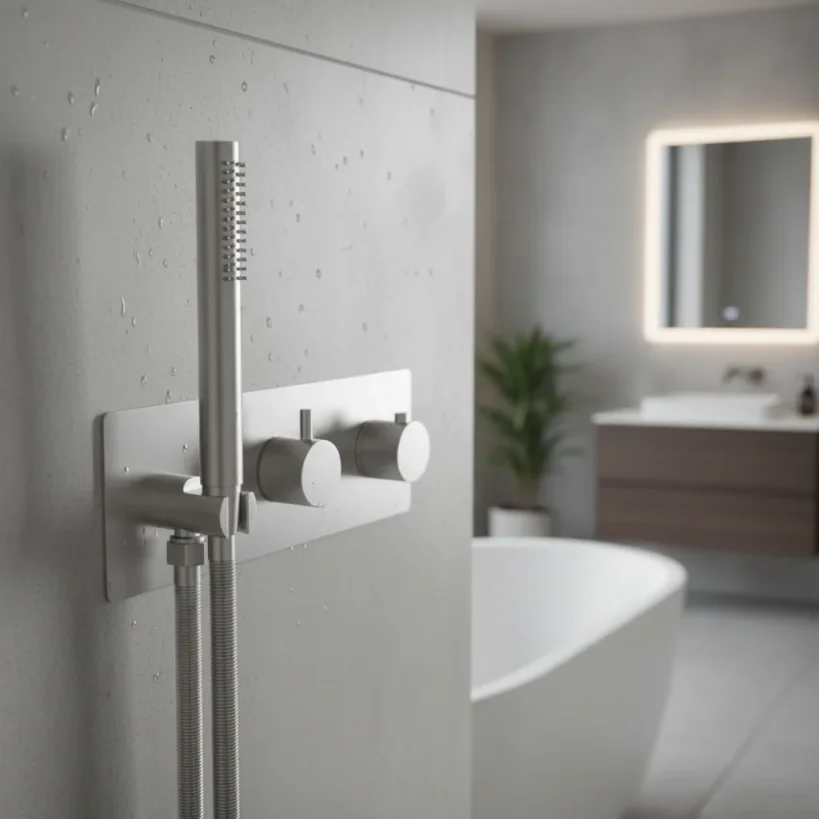 Ava Trend 2 Way 2 Handle Thermostatic Valve With Built In Hand Shower W/3 Hole Backplate 3.0 - Brushed Stainless Steel detail view - Image 2