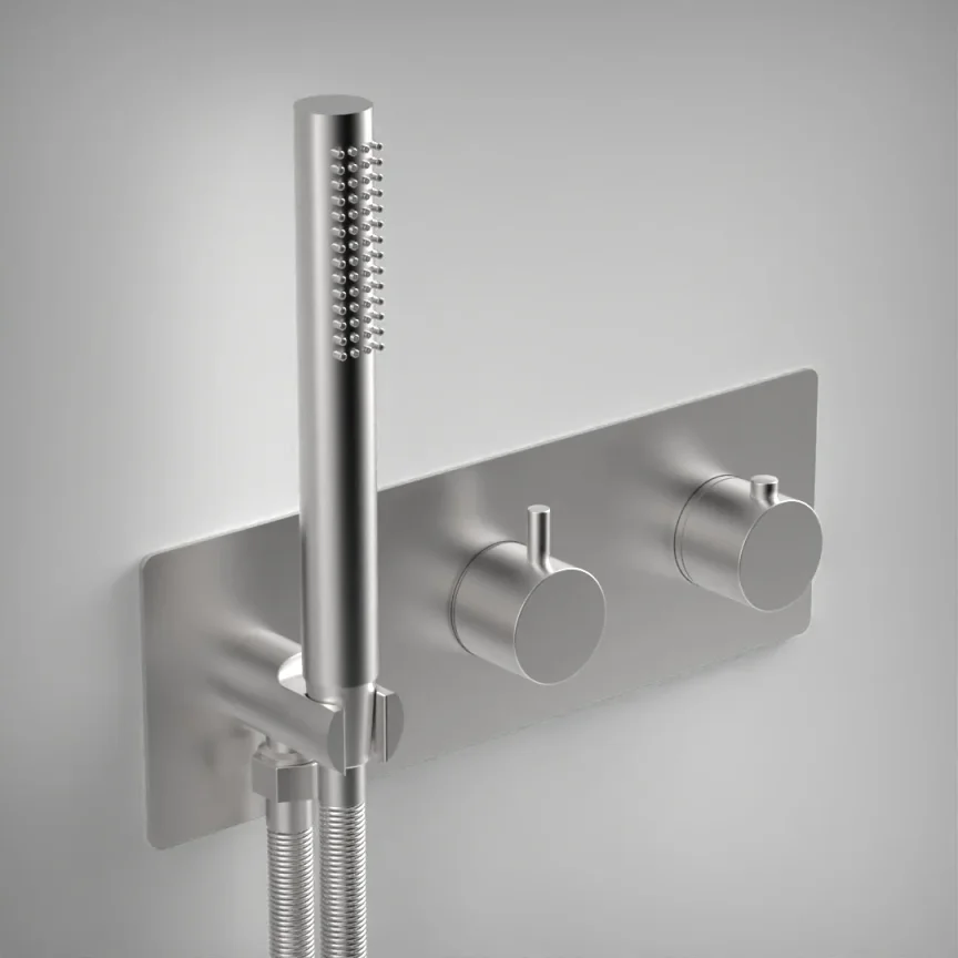 Ava Trend 2 Way 2 Handle Thermostatic Valve With Built In Hand Shower W/3 Hole Backplate 3.0 - Brushed Stainless Steel product image - Image 1