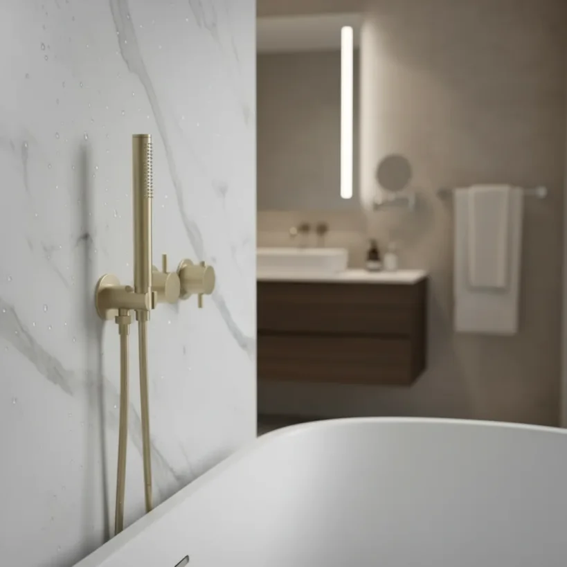 Ava Trend 2 Way 2 Handle Thermostatic Valve With Built In Hand Shower W/3 Hole Flanges 3.0 - Brushed Brass detail view - Image 4