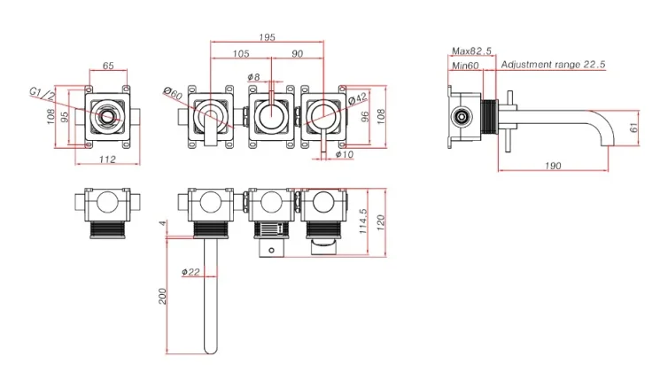 Ava Trend Thermostatic 4 Hole Wall Mounted Bath Shower Mixer 3.0 - Brushed Black technical drawing - Image 2