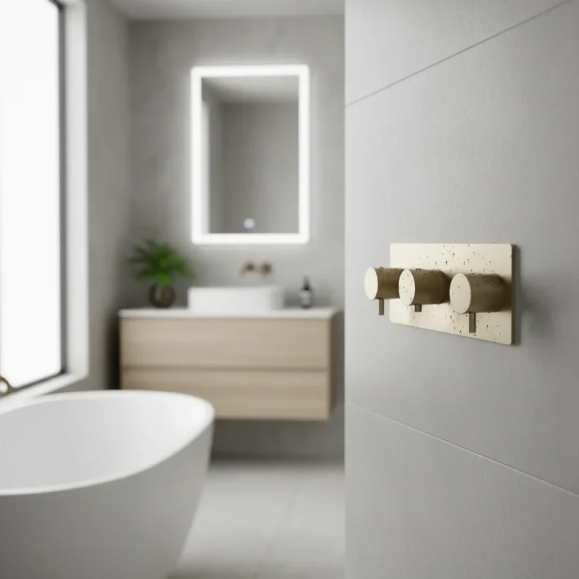 Ava Trend 4 Way 3 Handle Thermostat Valve W/backplate 3.0 - Brushed Brass detail view - Image 4
