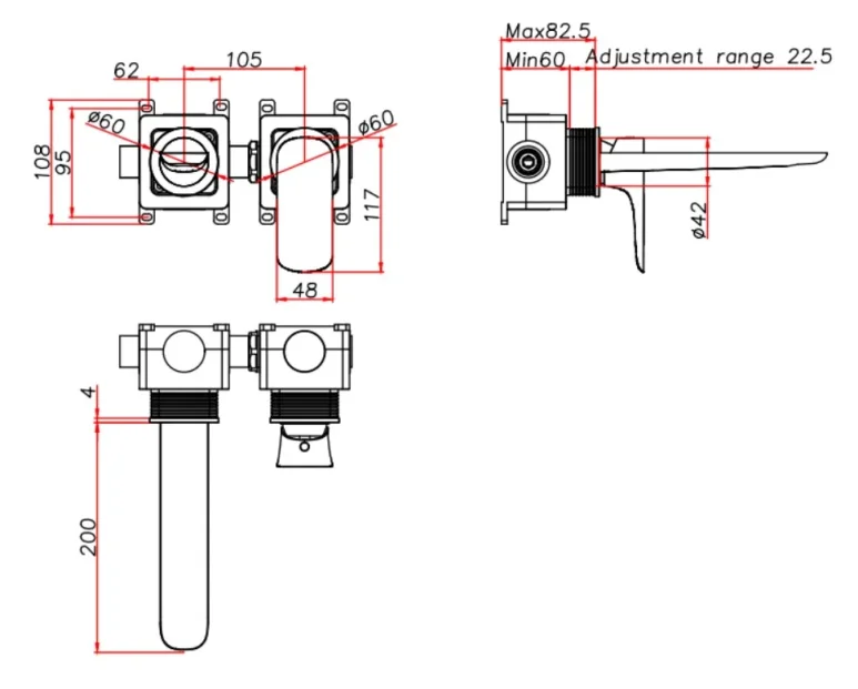 Ava Purity 2 Hole Wall Mounted Basin Mixer W/ Flanges 3.0 - Brushed Brass technical drawing - Image 2