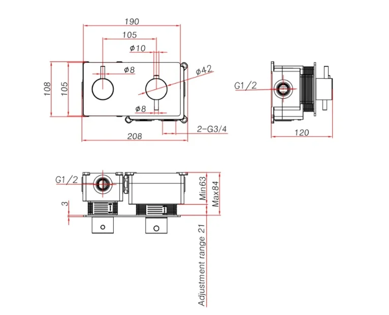 Ava Trend 2 Way 2 Handle Thermostatic Valve W/ Backplate 3.0 - Brushed Black technical drawing - Image 2