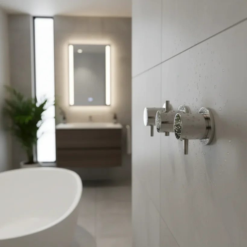 Ava Trend 3 Way 3 Handle Thermostatic Valve W/ Flanges 3.0 - Polished Stainless Steel detail view - Image 3