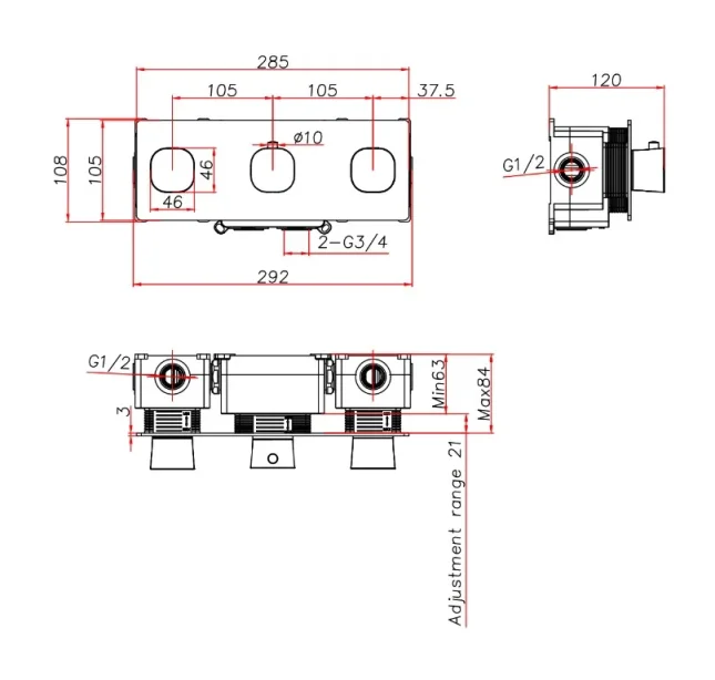 Ava Purity 4 Way 3 Handle Thermostat Valve W/backplate 3.0 - Brushed Black technical drawing - Image 2