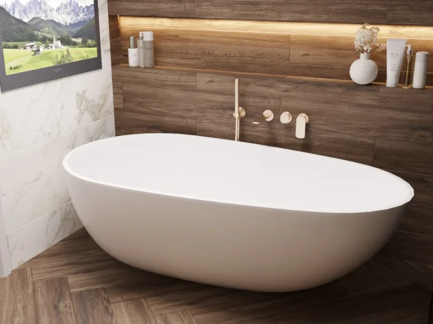 Ava Purity Thermostatic 4 Hole Wall Mounted Bath Shower Mixer 3.0 - Brushed Brass detail view - Image 2