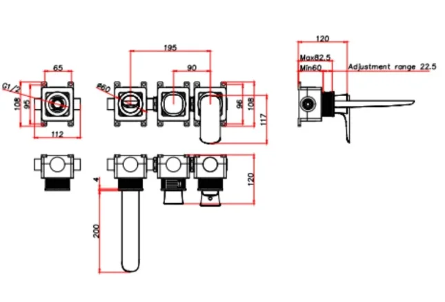 Ava Purity Thermostatic 4 Hole Wall Mounted Bath Shower Mixer 3.0 - Brushed Brass technical drawing - Image 5