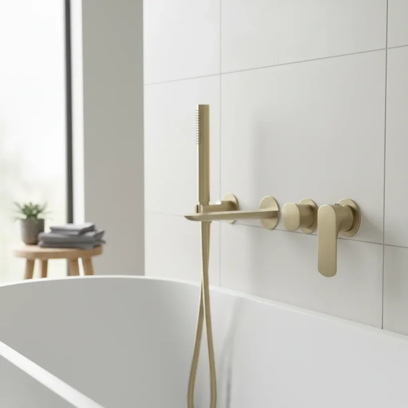Ava Purity Thermostatic 4 Hole Wall Mounted Bath Shower Mixer 3.0 - Brushed Brass detail view - Image 6