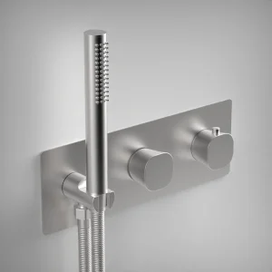 Ava Purity 2 Way 2 Handle Thermostatic Valve With Built In Hand Shower W/3 Hole Backplate 3.0 - Brushed Stainless Steel