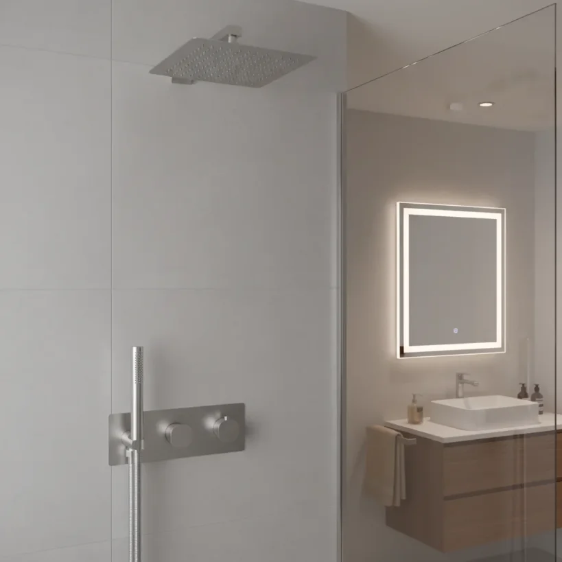 Ava Purity 2 Way 2 Handle Thermostatic Valve With Built In Hand Shower W/3 Hole Backplate 3.0 - Brushed Stainless Steel detail view - Image 3