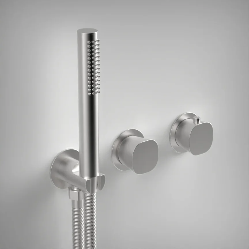 Ava Purity 2 Way 2 Handle Thermostatic Valve With Built In Hand Shower W/3 Hole Flanges 3.0 - Brushed Stainless Steel product image - Image 1