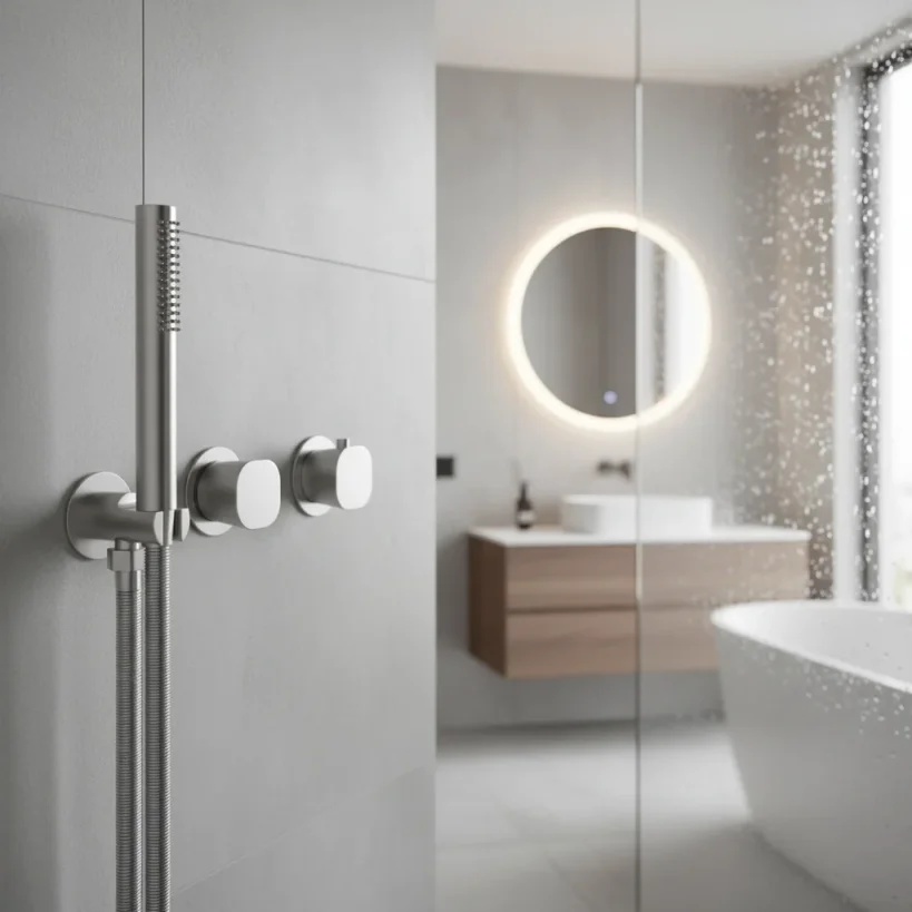 Ava Purity 2 Way 2 Handle Thermostatic Valve With Built In Hand Shower W/3 Hole Flanges 3.0 - Brushed Stainless Steel detail view - Image 3