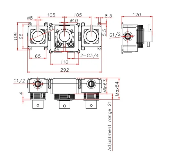 Ava Trend 4 Way 3 Handle Thermostat Valve W/flange 3.0 - Brushed Black technical drawing - Image 2