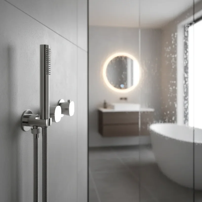 Ava Purity 2 Way 2 Handle Thermostatic Valve With Built In Hand Shower W/3 Hole Flanges 3.0 - Polished Stainless Steel detail view - Image 3