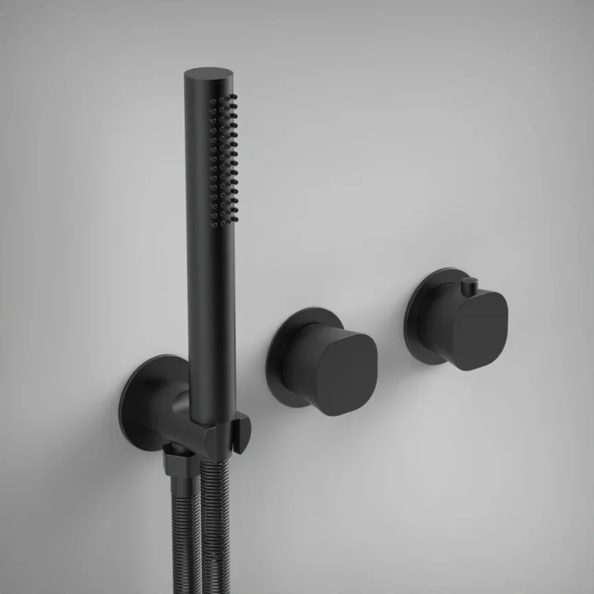 Ava Purity 2 Way 2 Handle Thermostatic Valve With Built In Hand Shower W/3 Hole Flanges 3.0 - Brushed Black product image - Image 1