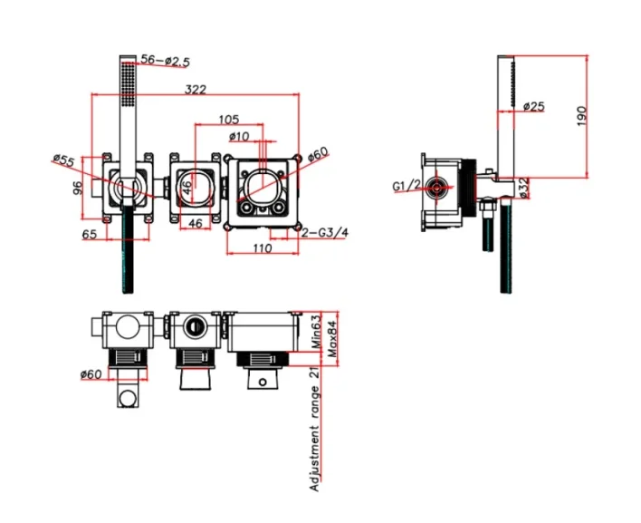 Ava Purity 2 Way 2 Handle Thermostatic Valve With Built In Hand Shower W/3 Hole Flanges 3.0 - Brushed Black technical drawing - Image 2