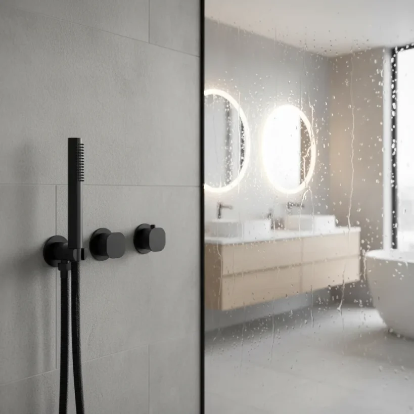 Ava Purity 2 Way 2 Handle Thermostatic Valve With Built In Hand Shower W/3 Hole Flanges 3.0 - Brushed Black detail view - Image 3