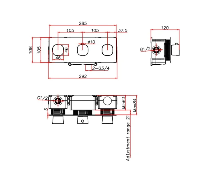 Ava Purity 3 Way 3 Handle Thermostatic Valve W/ Backplate 3.0 - Brushed Brass technical drawing - Image 2