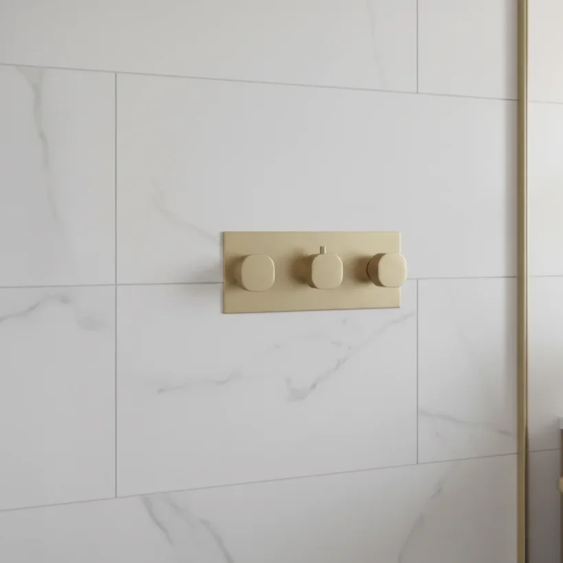 Ava Purity 3 Way 3 Handle Thermostatic Valve W/ Backplate 3.0 - Brushed Brass detail view - Image 3