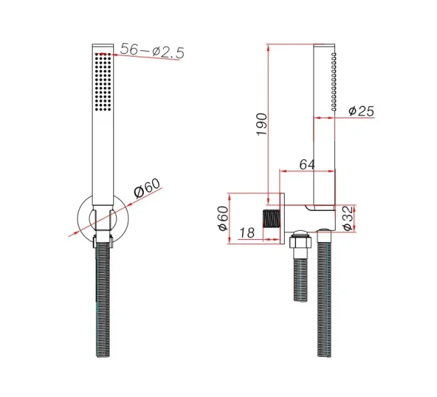 Ava Hand Shower Integrated Round Wall Outlet, Hose & Hand Shower 3.0 - Polished Stainless Steel technical drawing - Image 2