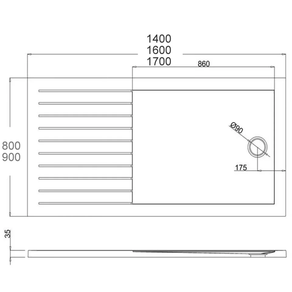 Crosswater Walk In Rectangular 35mm Acrylic Shower Tray 1400mm x 900mm technical drawing - Image 2