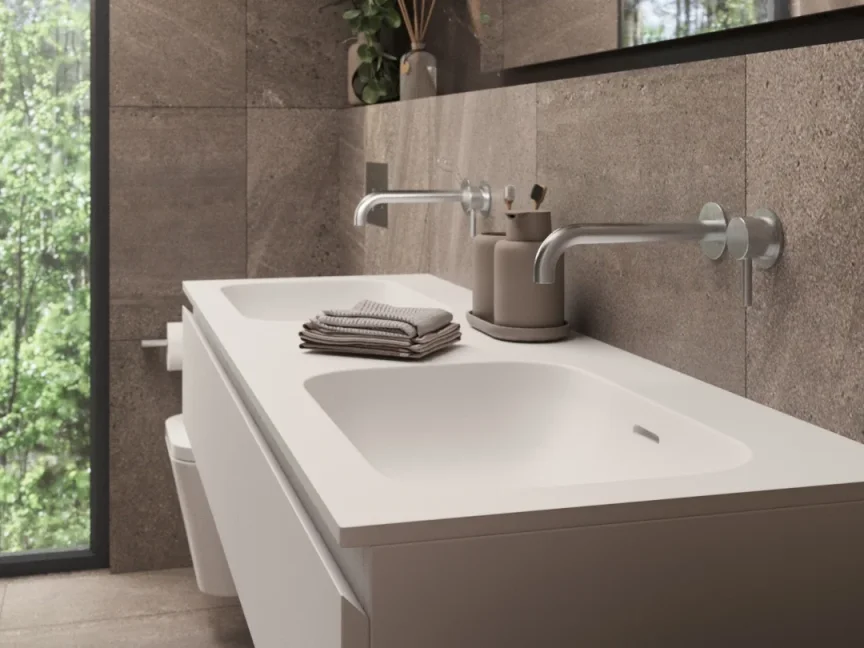 Ava Trend 2 Hole Wall Mounted Basin Mixer W/ Flanges 3.0 - Brushed Stainless Steel detail view - Image 2