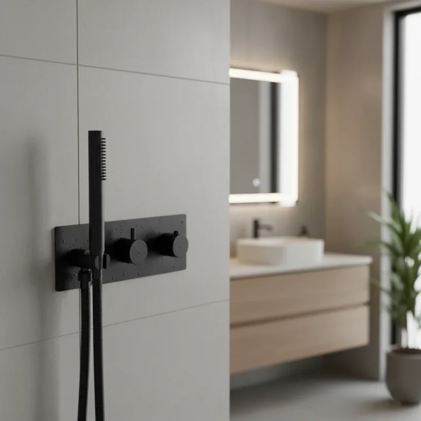 Ava Trend 2 Way 2 Handle Thermostatic Valve With Built In Hand Shower W/3 Hole Backplate 3.0 - Brushed Black detail view - Image 3