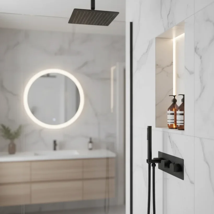 Ava Purity 2 Way 2 Handle Thermostatic Valve With Built In Hand Shower W/3 Hole Backplate 3.0 - Brushed Black detail view - Image 3