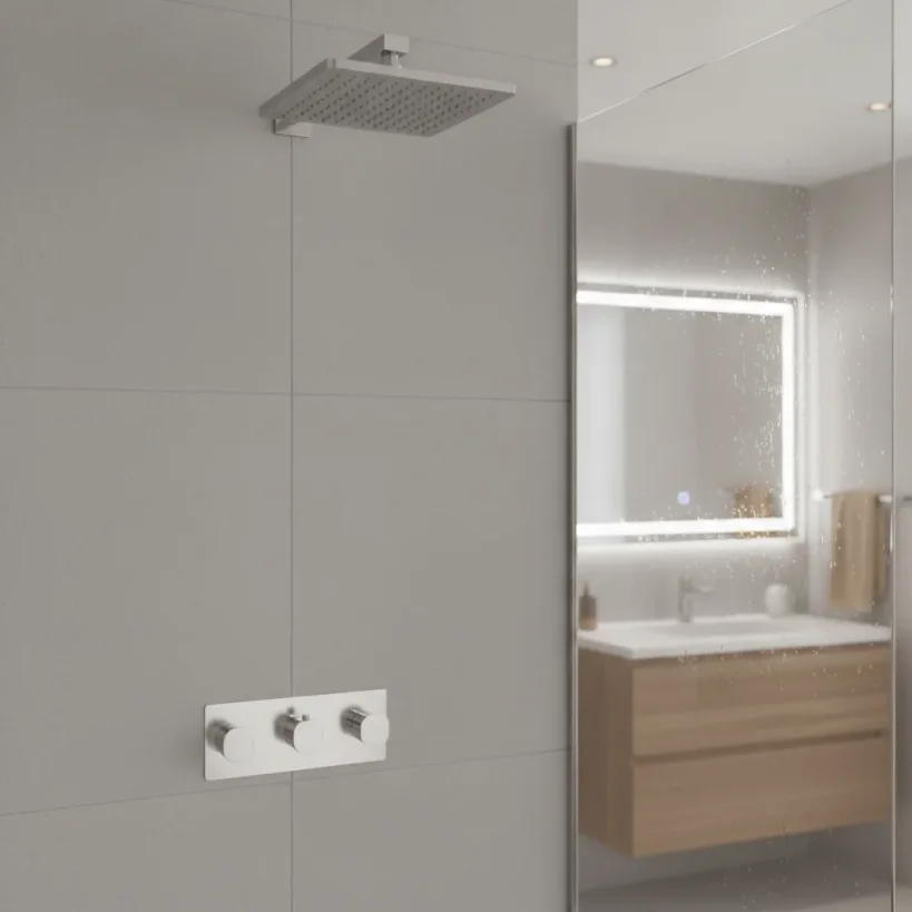 Ava Purity 3 Way 3 Handle Thermostatic Valve W/ Backplate 3.0 - Polished Stainless Steel detail view - Image 3