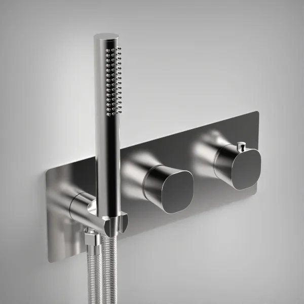 Ava Purity 2 Way 2 Handle Thermostatic Valve With Built In Hand Shower W/3 Hole Backplate 3.0 - Polished Stainless Steel