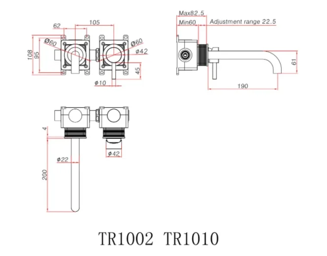 Ava Trend 2 Hole Wall Mounted Basin Mixer W/ Flanges 3.0 - Brushed Brass technical drawing - Image 3