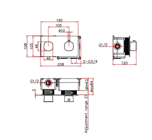 Ava Purity 2 Way 2 Handle Thermostatic Valve W/ Backplate 3.0 - Brushed Brass technical drawing - Image 3
