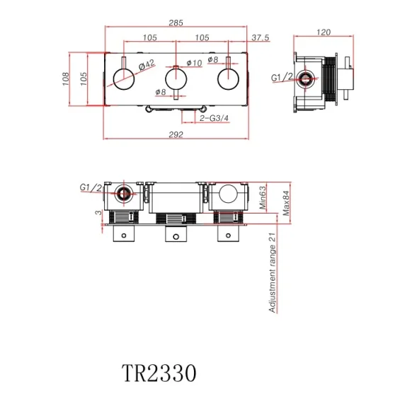 Ava Trend 3 Way 3 Handle Thermostatic Valve W/ Backplate 3.0 - Polished Stainless Steel technical drawing - Image 2