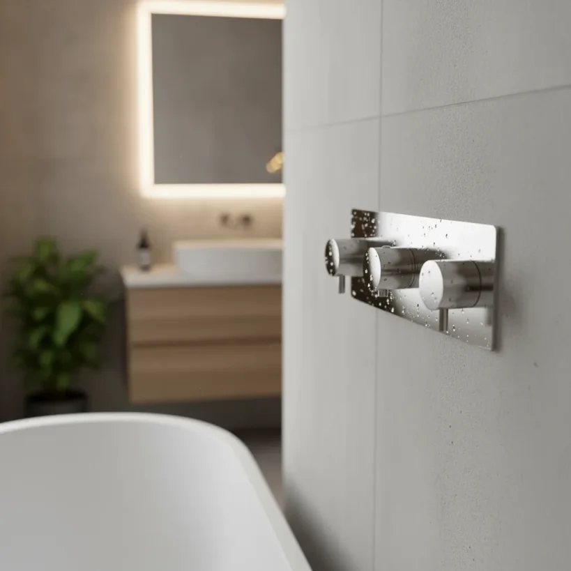 Ava Trend 3 Way 3 Handle Thermostatic Valve W/ Backplate 3.0 - Polished Stainless Steel detail view - Image 4