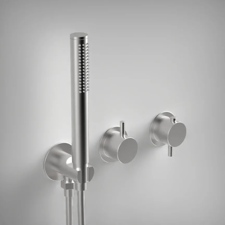Ava Trend 2 Way 2 Handle Thermostatic Valve With Built In Hand Shower W/3 Hole Flanges 3.0 - Brushed Stainless Steel product image - Image 1