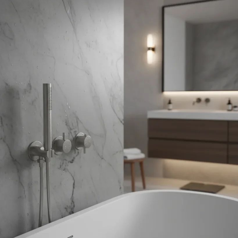 Ava Trend 2 Way 2 Handle Thermostatic Valve With Built In Hand Shower W/3 Hole Flanges 3.0 - Brushed Stainless Steel detail view - Image 4