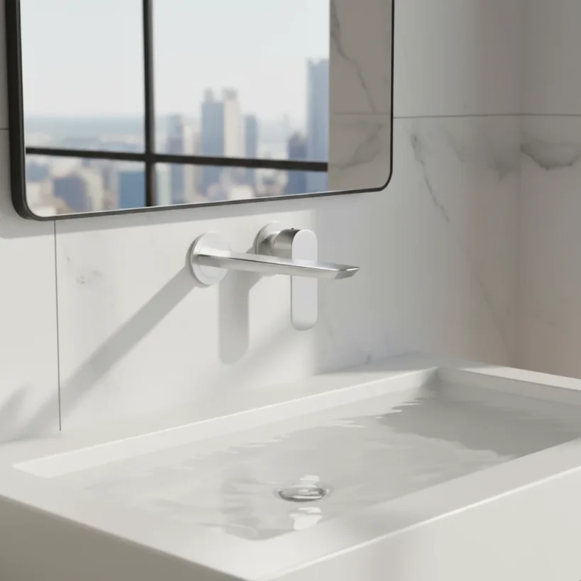 Ava Purity 2 Hole Wall Mounted Basin Mixer W/ Flanges 3.0 - Brushed Stainless Steel detail view - Image 4
