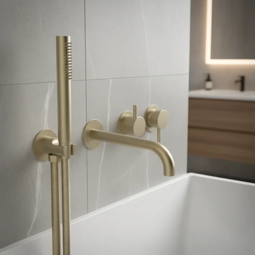 Ava Trend Thermostatic 4 Hole Wall Mounted Bath Shower Mixer 3.0 - Brushed Brass detail view - Image 3