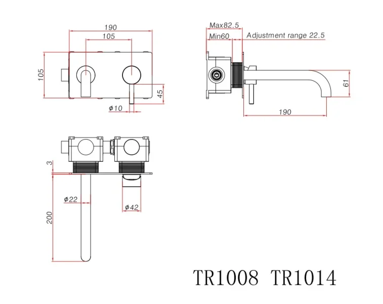 Ava Trend 2 Hole Wall Mounted Basin Mixer With Back Plate 3.0 - Brushed Black technical drawing - Image 2