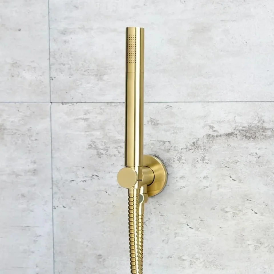 Just Taps Vos Round Water Outlet With Holder Metal Hose And Slim Hand Shower Brushed Brass detail view - Image 2