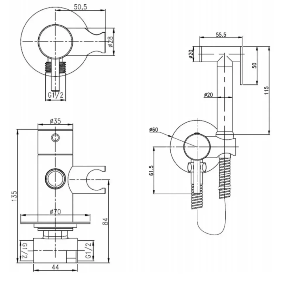 Just Taps Kono Single Lever Douche Set For Cold And Hot Operation Brushed Brass detail view - Image 2